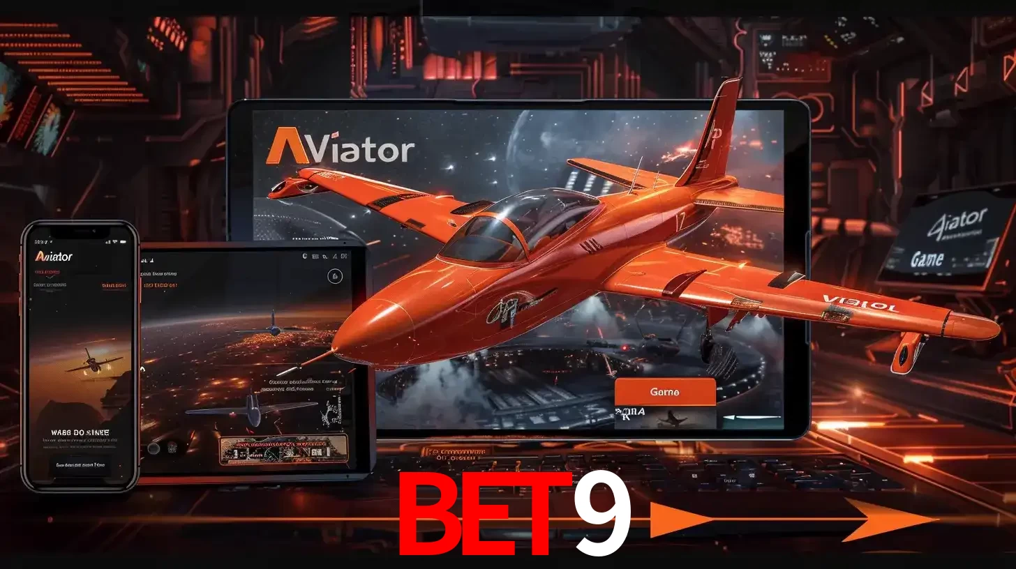 Apresentação tecnológica do jogo Aviator com um avião saindo da tela de um tablet, demonstrando a experiência imersiva em múltiplos dispositivos no bet9.