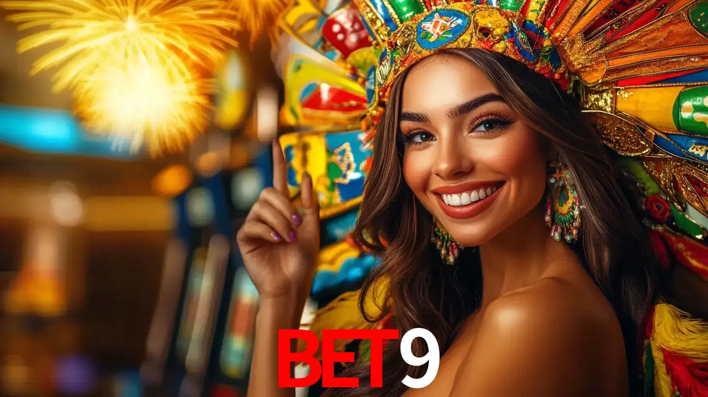 Mulher sorridente com um cocar de carnaval vibrante e colorido, celebrando uma grande vitória nos jogos do cassino bet9 com fogos de artifício ao fundo.