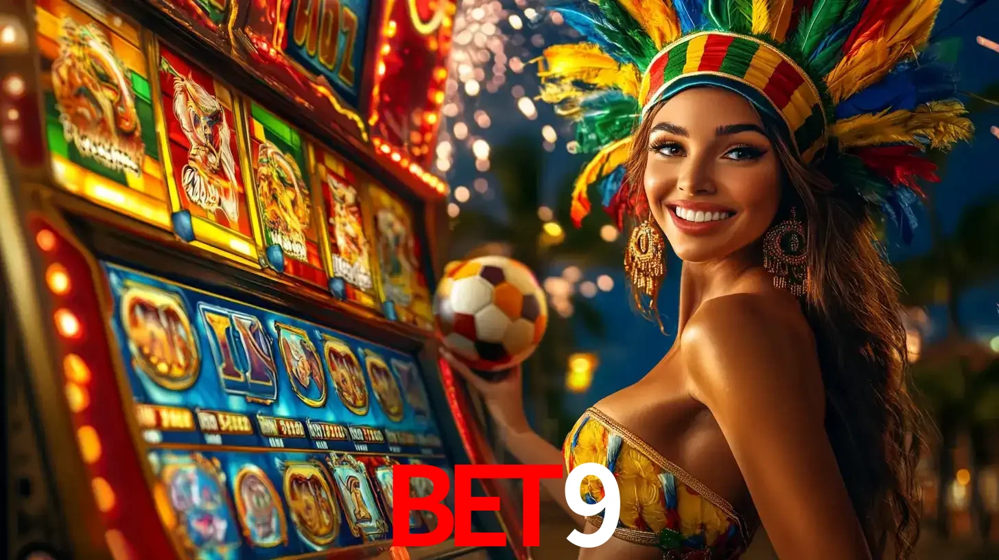 Mulher com um cocar de carnaval ao lado de uma máquina de caça-níqueis enquanto segura uma bola de futebol, mostrando a união da diversão de cassino e esportes no bet9.