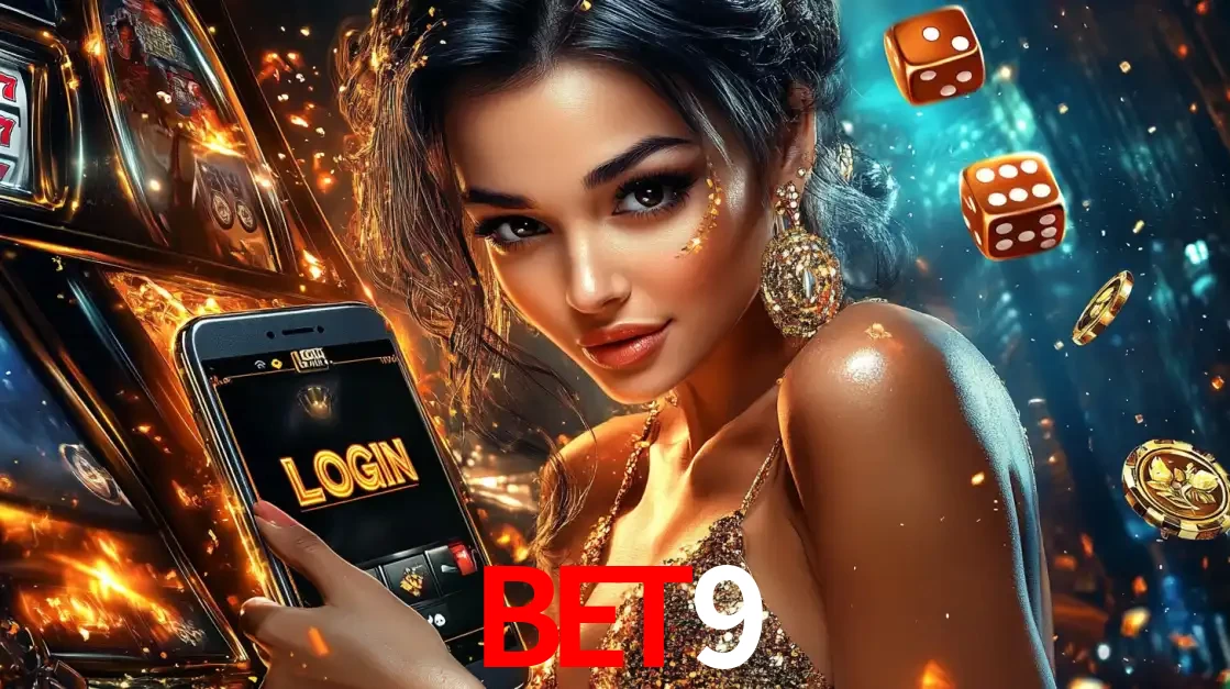 Mulher glamourosa segurando um celular com a tela de login do cassino bet9, rodeada por dados e moedas douradas, pronta para começar a diversão.
