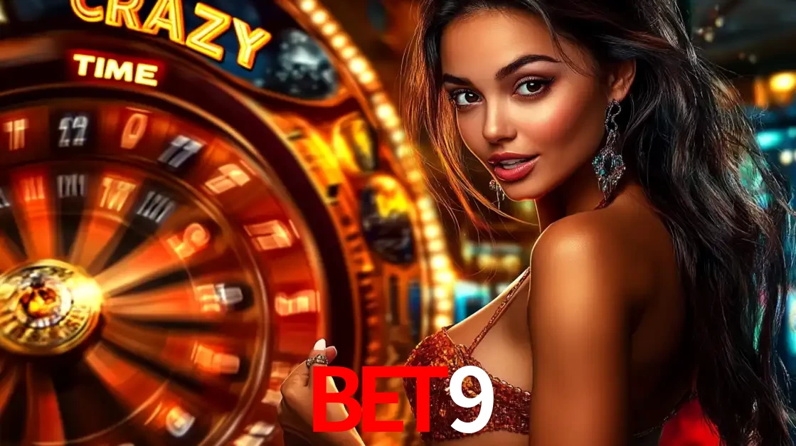 Mulher ao lado da roda de prêmios do jogo de cassino ao vivo Crazy Time, um dos shows de jogos mais emocionantes oferecidos pela plataforma de apostas bet9.