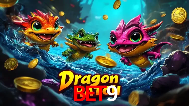 Arte promocional do jogo Dragon Hatch com três adoráveis dragões bebês nadando entre moedas de ouro, um dos slots mais divertidos para jogar no cassino bet9.