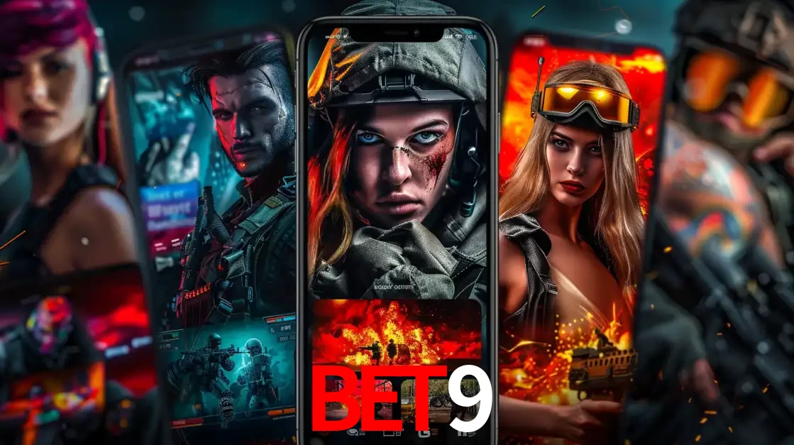 Montagem de telas de celular mostrando diversos personagens, masculinos e femininos, de um jogo de tiro, ilustrando a diversidade de equipes de e-sports para apostar no bet9.