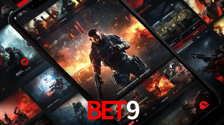 Tela de um celular exibindo uma galeria de jogos de tiro com temática militar, mostrando a variedade de e-sports disponíveis para apostas na plataforma de entretenimento bet9.