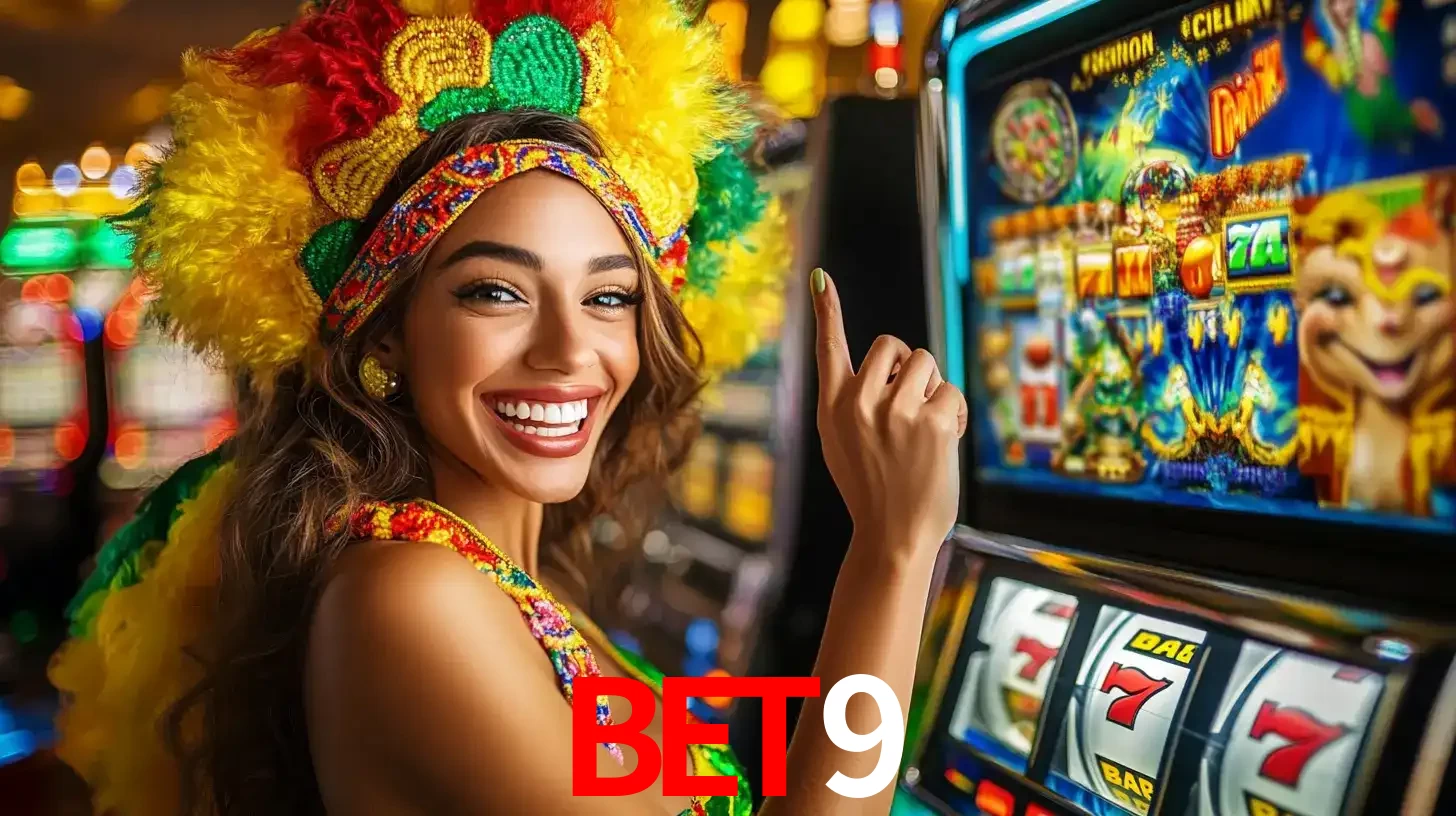 Mulher animada com um cocar de carnaval apontando para uma máquina de caça-níqueis, mostrando a emoção de ganhar um grande prêmio nos jogos do bet9.