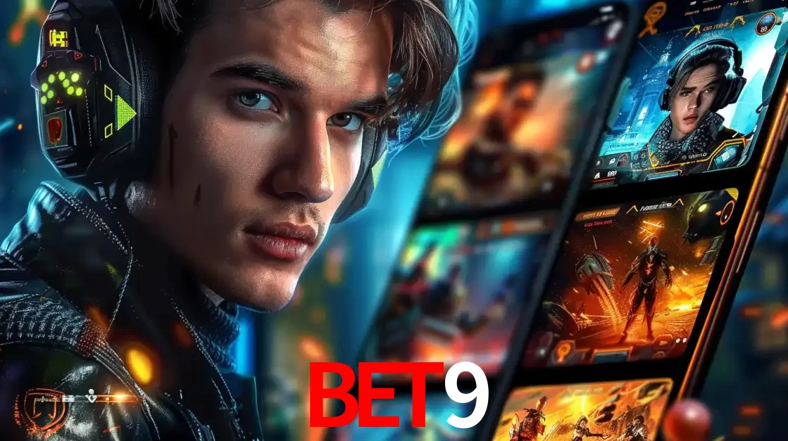 Jovem jogador com fones de ouvido olhando para a câmera, com um aplicativo de jogos e e-sports para celular ao fundo, pronto para a competição e apostas no bet9.