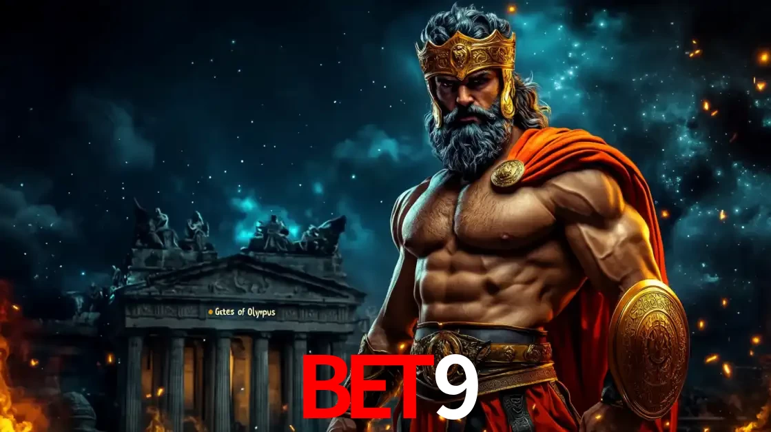 O poderoso Zeus do jogo de slot Gates of Olympus em frente ao seu templo, pronto para lançar multiplicadores divinos e prêmios épicos no cassino online bet9.