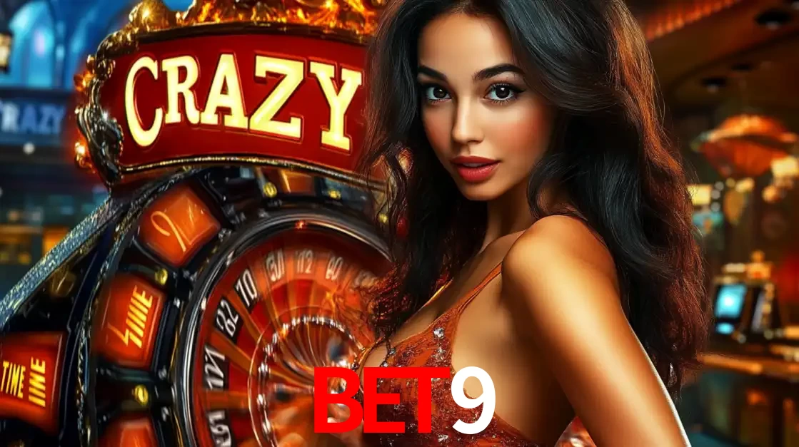 Mulher glamourosa olhando para a câmera com a roda vermelha do Crazy Time ao fundo em um ambiente de cassino, destacando a emoção dos jogos ao vivo no bet9.