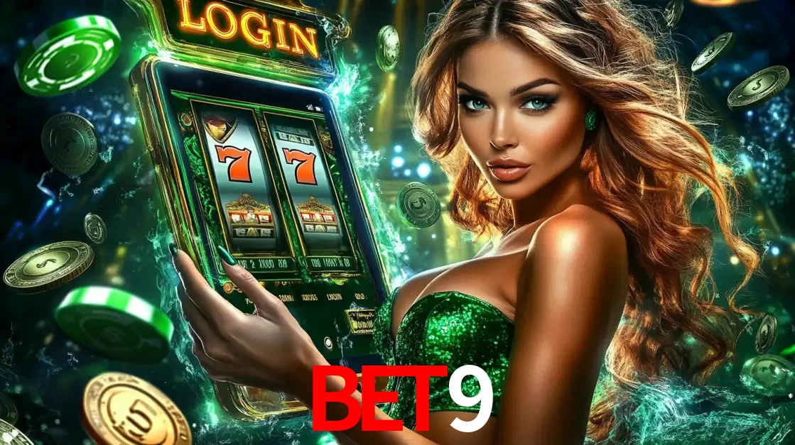 Mulher com tema verde apresentando o aplicativo do cassino bet9 com um jogo de slot de 777, cercada por fichas de cassino e uma aura de sorte.
