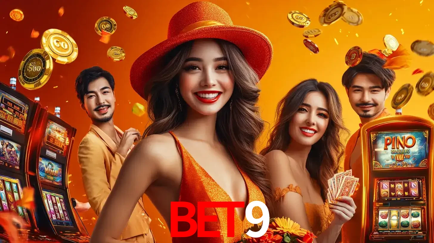 Grupo de amigos asiáticos sorrindo e se divertindo com máquinas de caça-níqueis em um ambiente festivo, celebrando suas vitórias nos jogos de cassino do bet9.