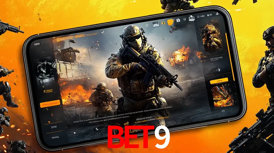 Um smartphone exibindo a interface de um jogo de tiro em primeira pessoa, com um soldado em um cenário de batalha, representando a ação dos e-sports para apostar no bet9.