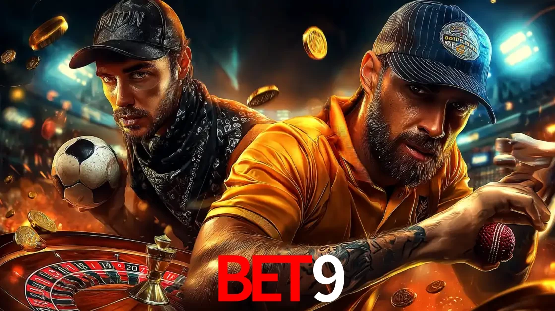 Montagem de apostas esportivas e cassino no bet9, com um homem segurando uma bola de futebol e outro uma de beisebol sobre uma roleta e moedas voadoras.