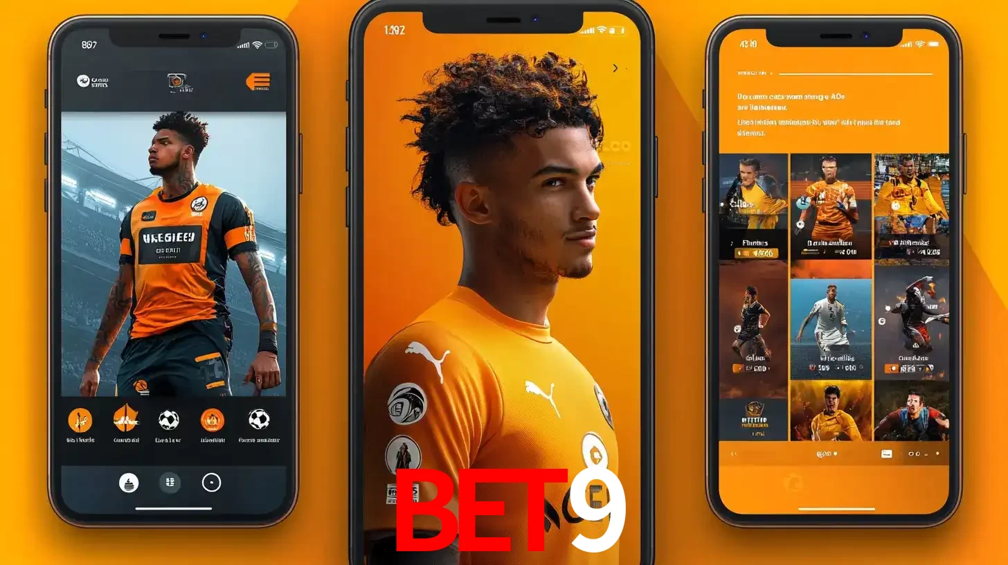 Interface do aplicativo de apostas esportivas bet9 em três telas de celular, mostrando o perfil de um jogador de futebol e a lista de jogos disponíveis para apostar.