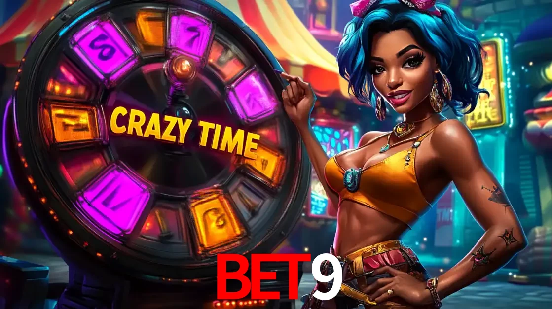 Mulher estilizada com cabelo azul e visual vibrante posando ao lado da roda de prêmios do game show Crazy Time, convidando para a diversão e os bônus do cassino bet9.