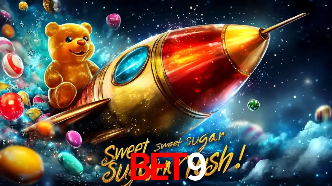Arte promocional do jogo de slot Sugar Rush, com um urso de pelúcia em um foguete viajando pelo espaço de doces, um dos jogos divertidos disponíveis no cassino bet9.