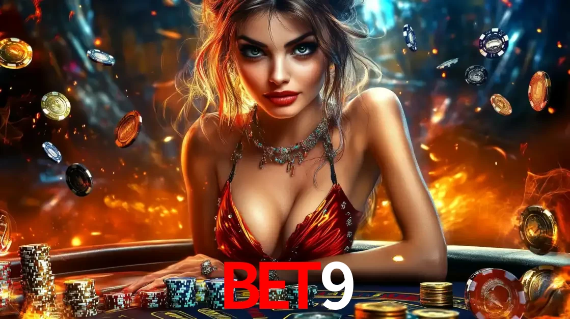 Mulher em uma mesa de cassino com pilhas de fichas e um fundo de fogo, pronta para uma rodada de altas apostas nos jogos de mesa emocionantes do cassino bet9.