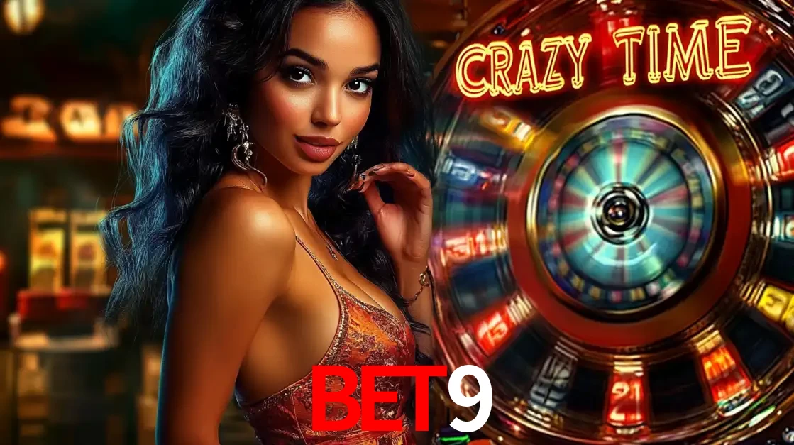 Mulher elegante ao lado da vibrante roda da fortuna do jogo de cassino ao vivo Crazy Time, um dos game shows mais populares e cheios de prêmios do bet9.