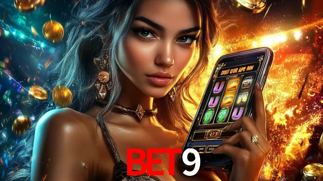 Mulher elegante mostrando um jogo de caça-níqueis em seu smartphone, destacando a experiência de cassino móvel oferecida pelo aplicativo bet9.