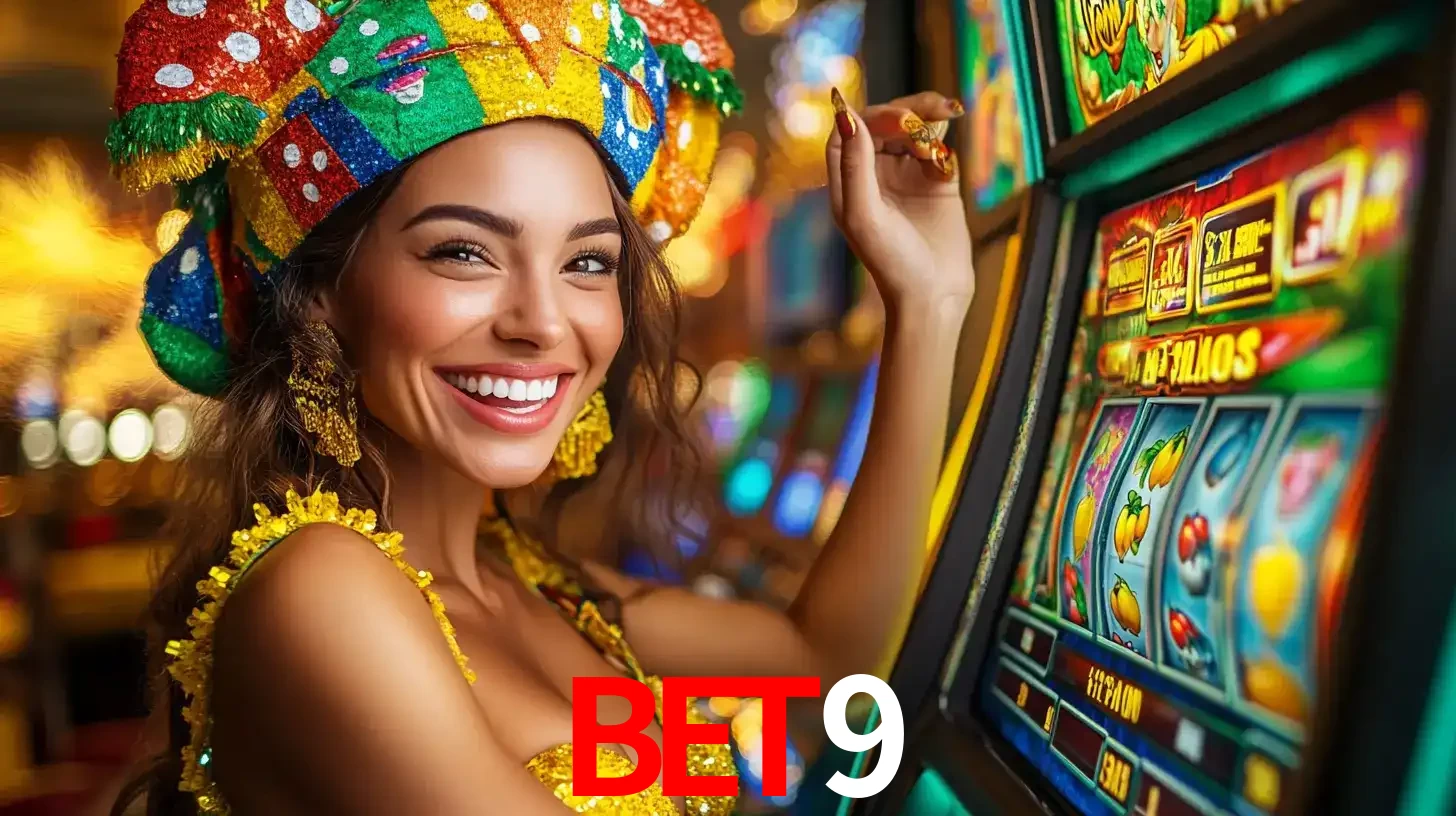 Mulher feliz com traje de carnaval amarelo e colorido ao lado de uma máquina de caça-níqueis, aproveitando a diversão e os jogos temáticos do cassino bet9.
