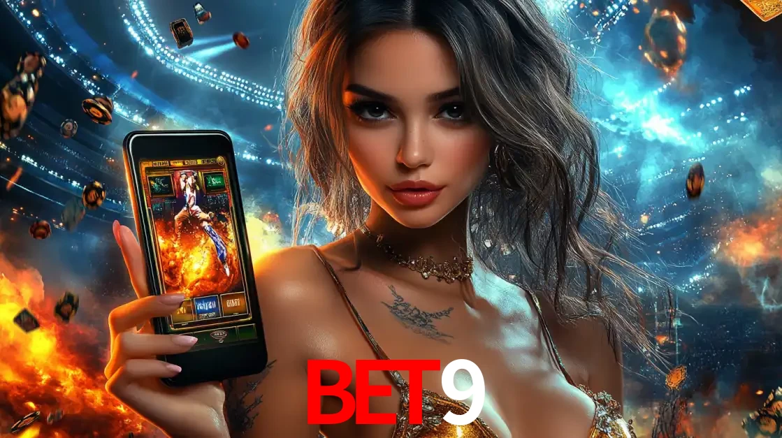 Mulher segurando um celular com um jogo de slot em destaque, tendo como fundo um estádio vibrante, simbolizando a emoção de jogar no cassino móvel bet9.