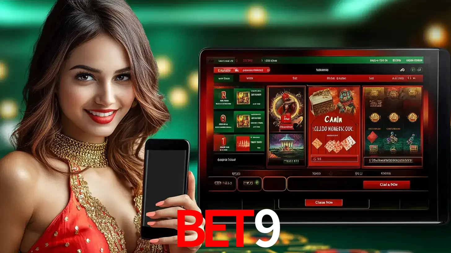 Mulher sorridente segurando um smartphone, ao lado de uma tela exibindo o lobby de jogos do cassino online bet9, com várias opções de jogos de cartas e slots.